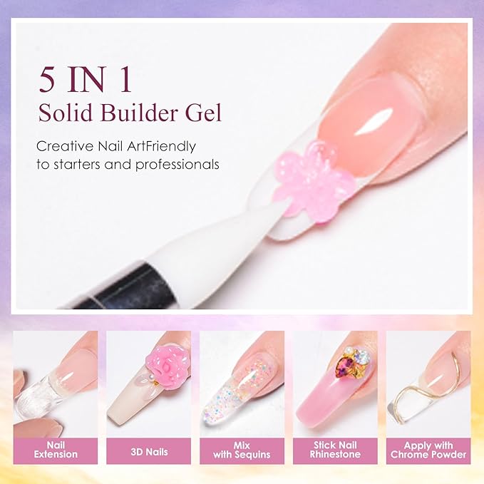 MEET ACROSS Aurora Solid Builder Gel for Nails Pink Purple Non-Stick Hand Nail Extension Gel Extension Kit Salon Gift 7PCS