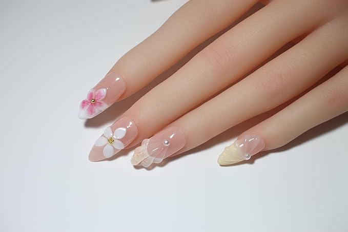 10Pcs Handmade Press-On Nails, Medium Almond Unique French Design with 3D Floral, Pearl, Starfish & Seashell. Reusable, Top-Tier Craftsmanship For Women & Girls, Daily & Party Glamour (A14, Size XS)