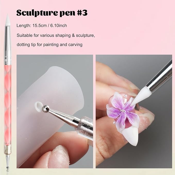 Nail Art Sculpture Pen, 3PCS Double-head Stainless Steel 3D Gel Art Sculpting Pens Dotting Tools Acrylic Powder Flower Design Carving Modeling for Builder Gel Chrome Powder Applicator Manicure