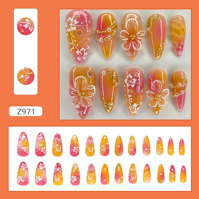 Flower Press on Nails Medium Almond Fake Nails with 3D Pearl Rhinestones Design Hibiscus Floral False Nails Glossy Pink Yellow Gradient Acrylic glue on Nails Full cover Spring stick on Nails for Women