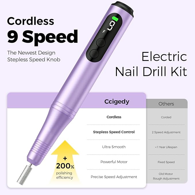Electric Nail Drill Kit, Electric Nail File Cordless Nail Drill Machine for Acrylic Gel Dip Powder Nails, Professional Portable Manicure Pedicure Rechargeable Lightweight for Home Salon Use