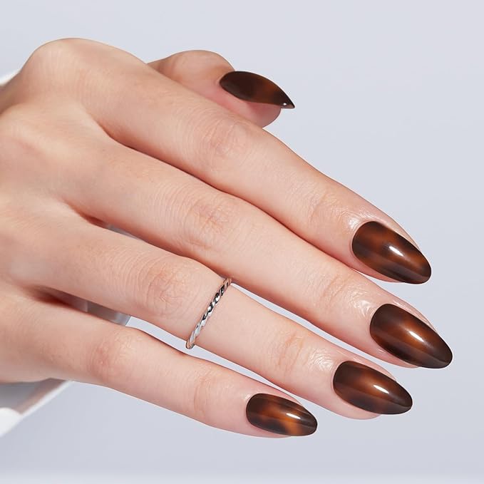 Modelones Brown Press on Nails Almond, Short Fake Nails, Reusable Nail Kit with Nail Glue Adhesive Tabs Mini Nail File, Nails Press Ons 32Pcs 16 Sizes, Women Girl Gift, Amber
