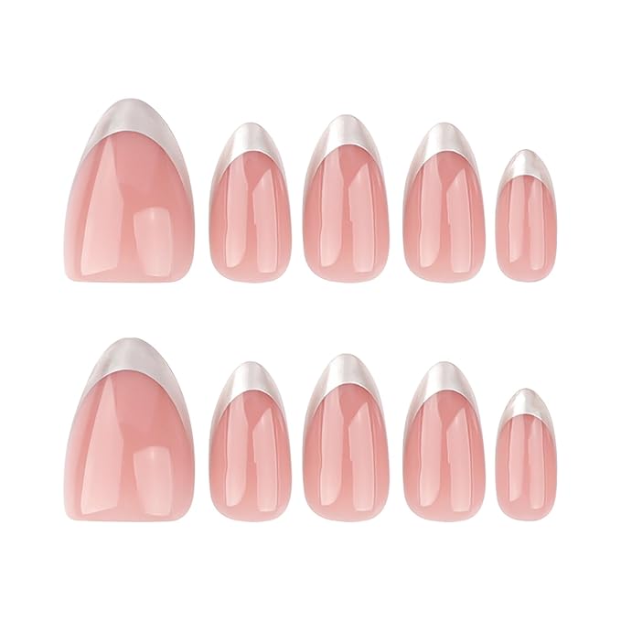 Almond Press on Nails Short Fake Nails Silver French Tip with Glossy Design Full Cover Stick on Acrylic False Nails for Women Manicure 24Pcs