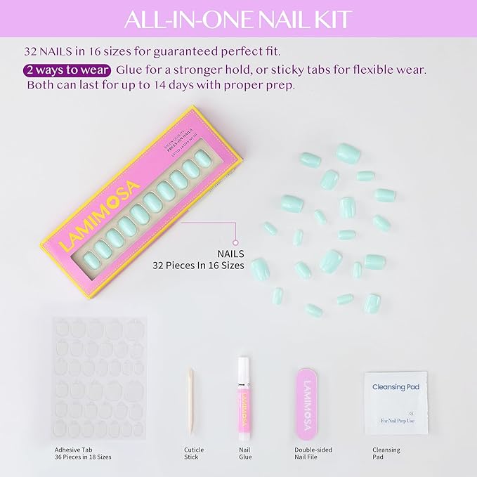 LAMIMOSA 32Pcs Press On Nails Short Square - Pastel Blue Nail Kit, Soft Gel Fake Nails in 16 Sizes, Reusable Glue on Nails, TURQUOISE