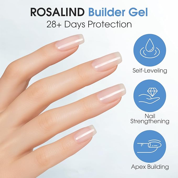 ROSALIND 2pcs Builder Gel for Nails,11ml 7 in 1 Clear Building Gel Nail Strengthener Enhancement Nail Building Nail Apex Soak Off U V Light Cure, Base Coat Top Coat Needed
