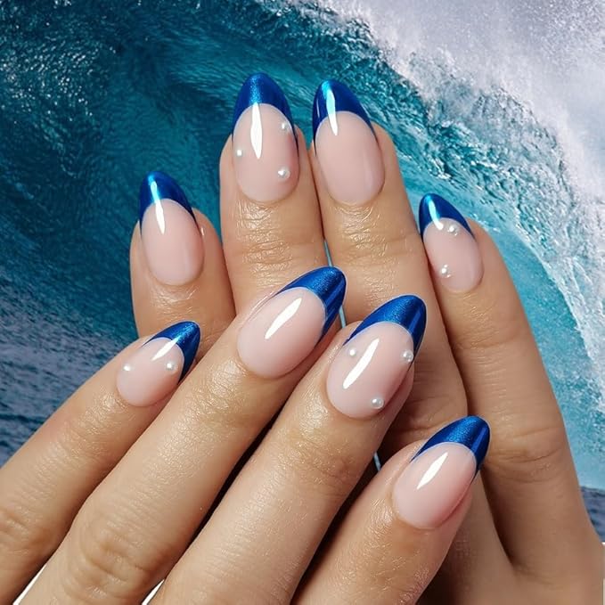 Press On Nails - Ocean | Blue Chrome French Tip with Pearl Design, UV Finish Almond Nails, Salon Quality | 32 Nails, 16 Sizes Kit with Glue and Adhesive Tabs I Female Founded