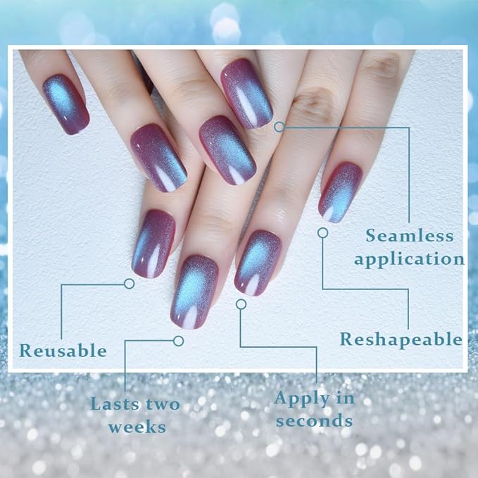 evpct Mauve Blue Reflective Metallic Cat Eye Press on Nails Square Medium, Stick on Nails Medium Length Square for Women, Mauve Metallic Nail press ons, Iridescent Glitter Acrylic Fake Press on Nail