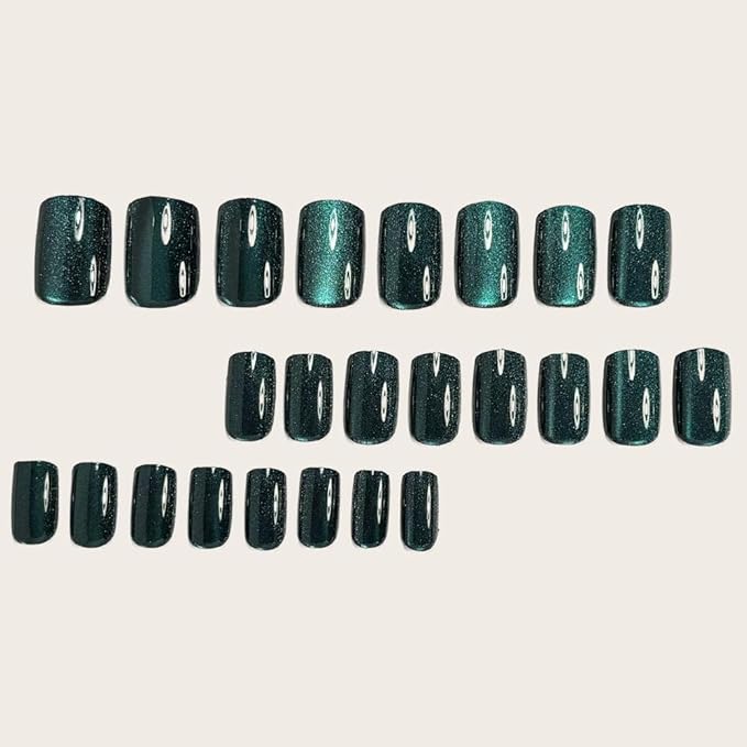 Dark Blue Press on Nails Short Square Fake Nails Cat Eye False Nails Press ons Glossy Gradient Shiny Glitter Glue on Artificial Nails for Women Manicure Decoration 24pcs
