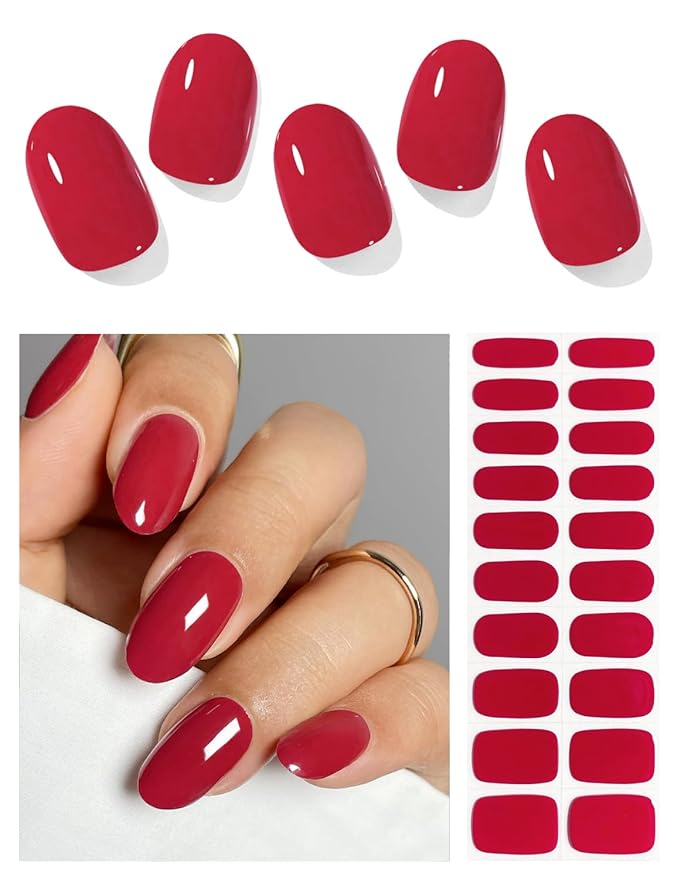 Semi Cured Gel Nail Strips (B Red), 20 Pcs Gel Nail Wraps, Stickers, UV Light Required, Salon Quality, Long Lasting