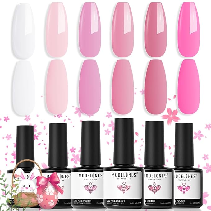 modelones Gel Nail Polish Set, 6 Colors 2026 Easter Light Soft Pink White Nude Pink Gel Polish Soak Off Nail Art Design Manicure Kit Salon DIY Home Gift Women Girlfriend Girl