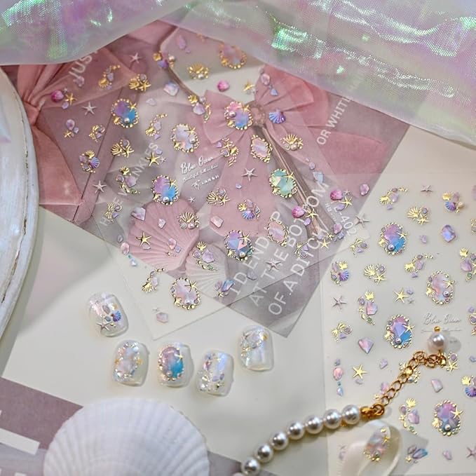 Shell Nail Stickers 3D Self Adhesive Laser Starfish Nail Art Stickers 5D Embossed Aurora Pearl Seashell Nail Decals Ombre Pink Nail Art Supplies Glass Shatters Nail Design for Women Girls 1 Sheets