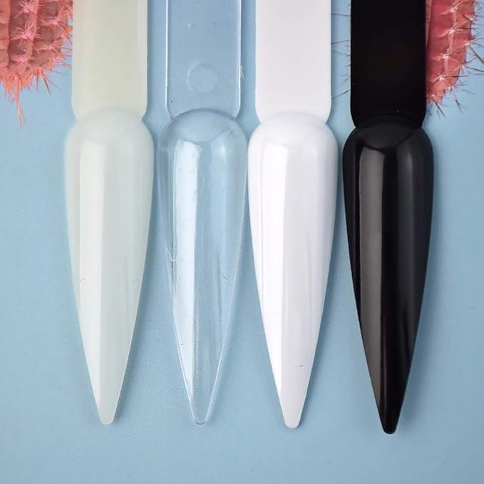160 Pcs False Nail Sticks - Fan Shaped Swatch Sticks, Display Board, Transparent, Black, Natural, Milky Colors, Stiletto Tips