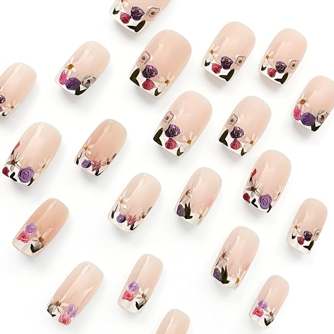 Flower Fake Nails Medium Square Press on Nails French Tip False Nails Glossy Full Cover Nails Press Ons Colorful Flower Stick on Nail Spring Glue on Nail for Women Decorations Set 24Pcss