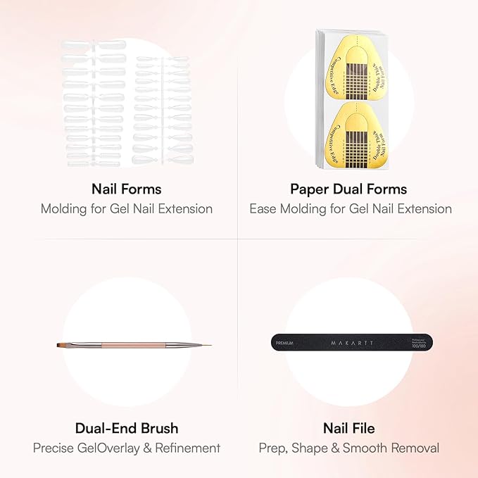 Makartt Nude Gel Builder Kit, Self Leveling Builder Nail Gel for Strengthener, Broken Nails Repair Gels Kit with Paper Forms, Dual forms, Nail File, Dual-End Brush Home Salon DIY 1.06 oz