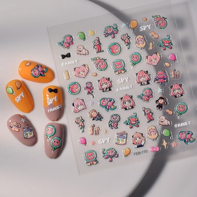 Anime Nail Stickers 5D 3D Embossed Japanese Kawaii Nail Art Decals for Unisex DIY Nail Design, Self Adhesive Stickers for Natural Gel Press On Nails, Cute Otaku Cosplay Gift (HEH)