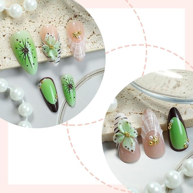 Summer Press on Nails Medium Almond Stick on Nails with Green Flower Charm Design Pearl Seashell False Nails Black French Tips Fake Nails Glossy Floral Glue on Nails for Women Girls Manicure 24Pcs