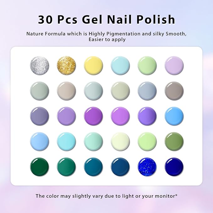 MEET ACROSS 30 PCS Gel Nail Polish Set, Purple Blue Green Gold Silver Yellow Nail Polish Kit Sage Forest Emerald Green Navy Lavender Soak Off Nail Art Salon DIY Gift Women