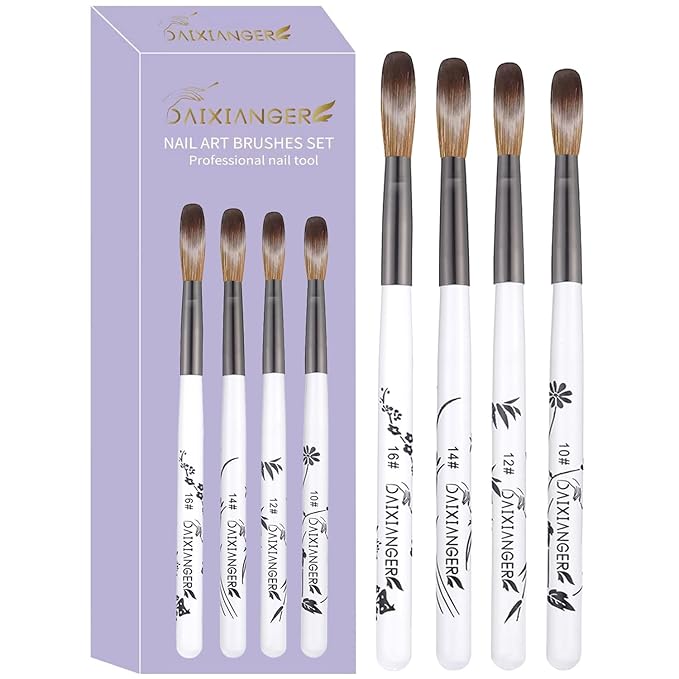 4Pcs Acrylic Nail Brush Set, Size 10/12/14/16, Professional Nail Brushes for Acrylic Application Powder & Nail Extension, 3D Nail Carving Tools for DIY Home Salon Manicure-White