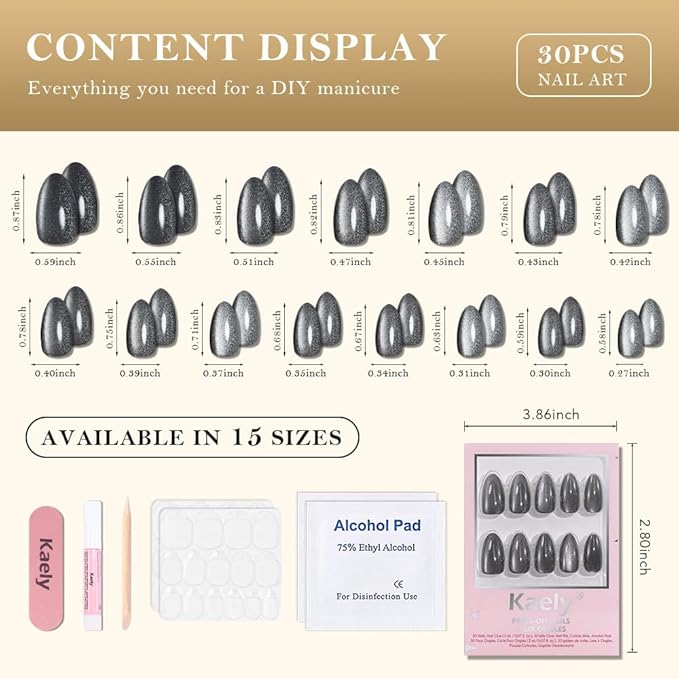 evpct Cat Eye Silver Press on Nails Almond Short, Silver Metal Short Almond Soft Gel Press on Nails with Nail Kit, Fit Perfectly, 30Pcs Reusable Acrylic Fake Press-on Nail Polish Kit for Women Gift