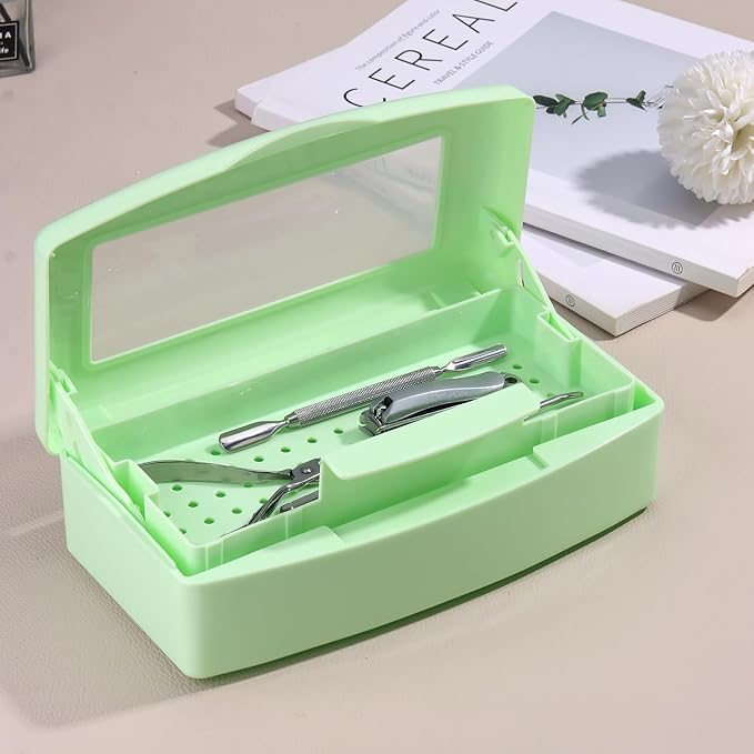 Nail Tool Sterilizer Box Plastic Disinfectant Container for Nail Art Accessories Tools, Sterilizer Soaking Box with Strainer Pedicure Manicure Cleaning Equipment, Green