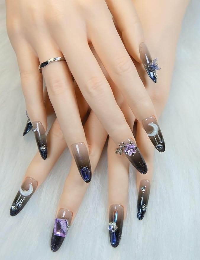 Almond Press On Nails Medium Fake Nails Handmade False Nails Flashing Crystal Butterfly Nail Charms With Designs,Acrylic Nail Kit Gel Nails,Reusable Stick on Nails for Women 10pcs S