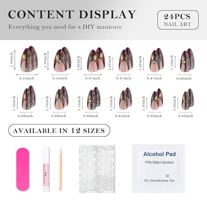 Nude Press on Fake Nails Medium Almond with Black Rose Design, Press on Nails Rheinston Design Reusable Manicure for Women Girls, Perfect Fit Stick on Nail Press ons Glossy Finish, 24Pcs