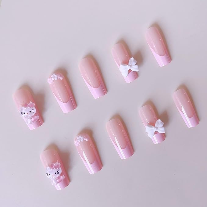 24Pcs French Tip Press on Nails Medium Pink False Nails with Bow Design,Cartoon Cute Nails Press ons Pink Stick on Nail Acrylic Nails Square False Nail for Women