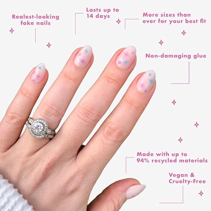 Olive & June Maximalist Instant Mani Press-On Nails (Glue) | 42 Fake Nails, 21 Sizes | Non-Toxic, Long-Lasting Big, Bold Gorgeous Realistic Look | Salon-Quality | Short, Almond | Sparkle Party