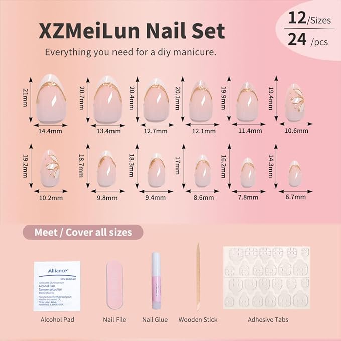 Pink French Tips Press On Nails Short Almond, 3D Gold Line White Flower Designer Reusable Acrylic Fake Nails with Glue, Glossy Gel Finish, Thick Natural Nails for Women Girls Date Manicure