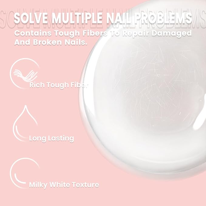RARJSM Nude Milky White Fiber Glass Rubber Base Gel Nail Polish for Repair Broken Nails Strengthener Gel Base Coat Transparent Brush on BuildingGel in a Bottle Soak Off UV LED Curing Requires 15ml