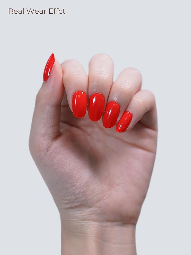 Semi Cured Gel Nail Strips - UV Light Gel Nail Stickers - 20 Long Lasting Salon Quality Wraps (Sunset Blaze Red)
