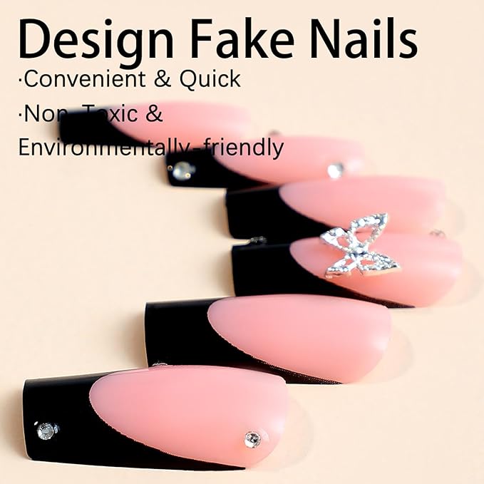 24Pcs Black French Tip Press on Nails Square Long Fake Nails Pink Full Cover Glue on Nails with Rhinestones Butterfly Charm Designs Acrylic Artificial Nails Glossy Stick on Nails for Women Girls