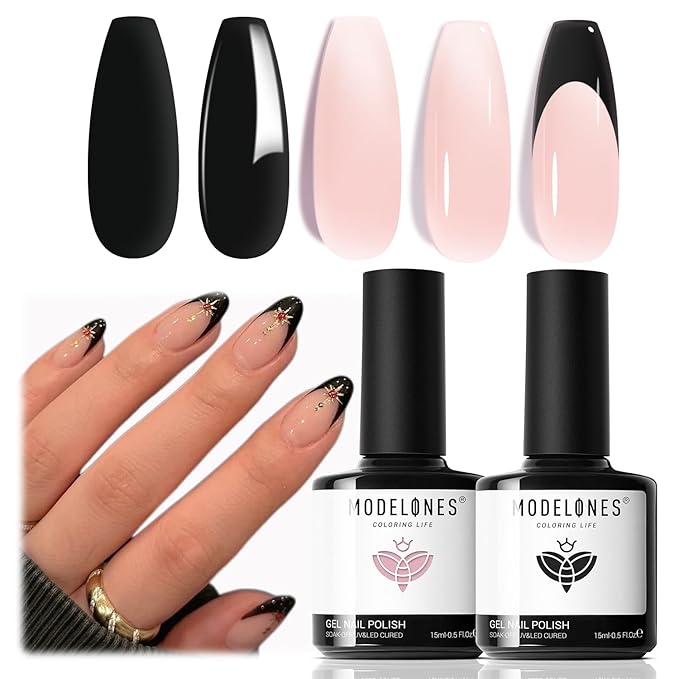 modelones French Tip Gel Nail Polish Set 2 Pcs 15ml Black and Milky Pink French Manicure Kit Sheer Pink Soak Off U V LED Jelly Base Color Gel Polish Nail Art Home DIY Gift for Women