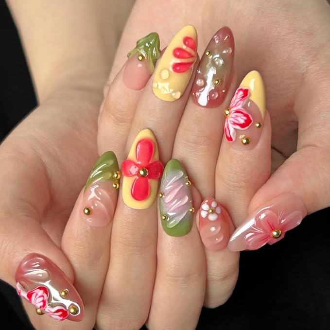 10 Pcs Handmade Press on Nails Medium Almond Fake Nails French Tip False Nails with 3D Floral Design Summer Thick Acrylic Nails Press ons Reusable False Nails for Women (L)