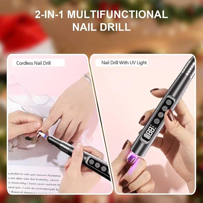 Brushless Nail Drill with UV Lamp, 35,000 RPM Electric Nail File, Portable Rechargeable Manicure & Pedicure Salon, Rose Gold