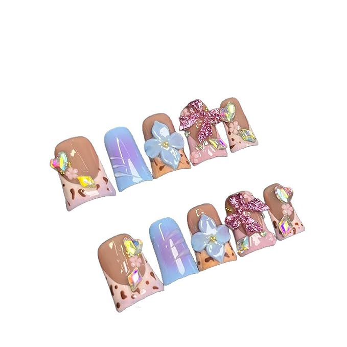 10 Pcs Duck Handmade Press on Nails French Tip Fake Nails 3D Blue Flower False Nails with Glue,Colorful Rhinestone Bow Designs Glue on Nails Full Cover Glossy Acrylic Stick on Nail for Women (S)