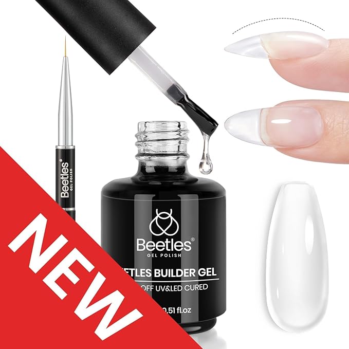 Beetles Builder Gel Clear-Dew Glow 8-in-1 Nail Thickening Strengthening Building Apex with Liner Nail Brush for Beginner DIY Salon at Home,Clear Builder Nail Gel Kit,UV & LED Lamp Cured Needed
