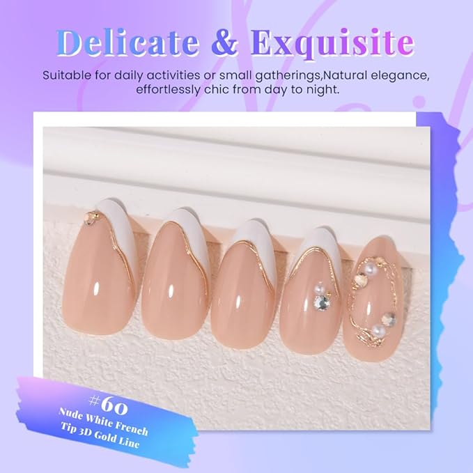 White French Irregular 3D Gold Line Press On Nails Medium Almond – Pearl & Diamond Accents, Salon-Quality Reusable Stick-Ons, Spring Summer Nails for Women & Girls | Parties & Daily Wear