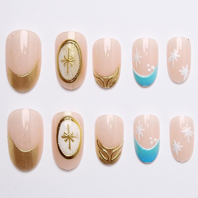 Short Round Press on Nails Gold Chrome Fake Nails French Tip False Nails Press ons with Hexagram Design Reusable Artificial Nail Full Cover Glossy Glue on Nail Stick on Nails for Women Manicure 24 Pcs