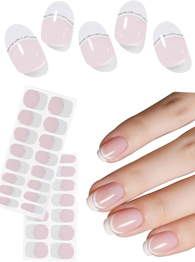 UV Gel Nail Stickers, French Glitter 30pcs Semi Cured Gel Nail Strips, Wraps for Home Manicure DIY