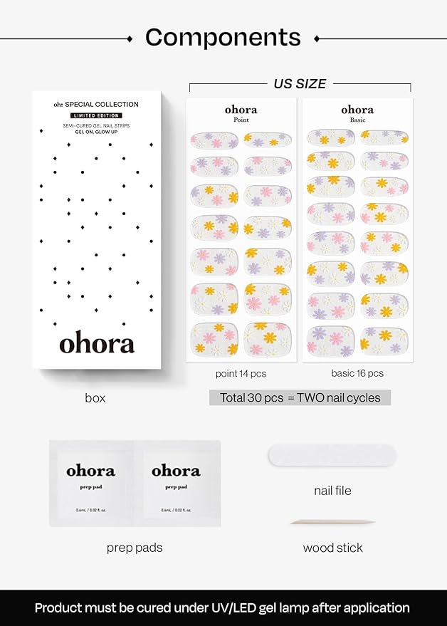 ohora Semi Cured Gel Nail Strips (N Daisy Disco) - Rainbow, Works with Any UV/LED Lamps, Salon-Quality, Long Lasting, Easy to Apply & Remove - Includes 2 Prep Pads, Nail File & Wooden Stick