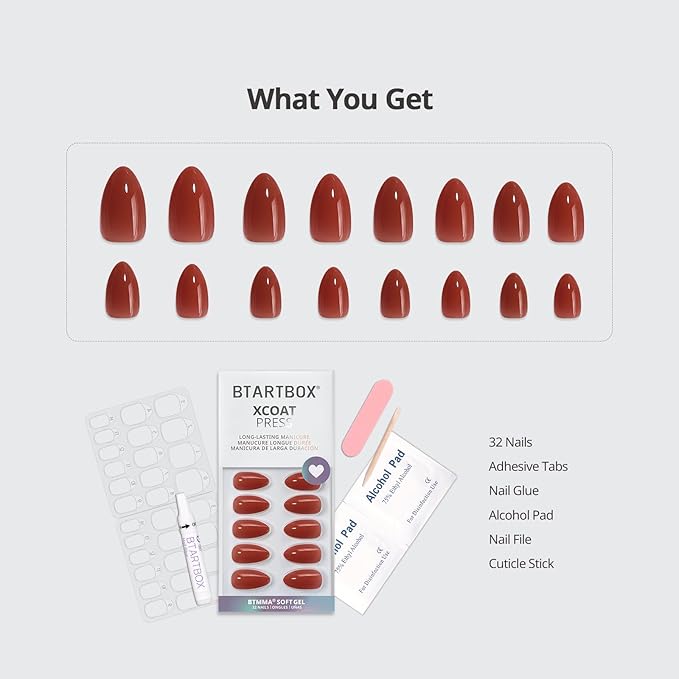 BTArtbox Press On Nails Short - Lamp-Curable Almond Press On Nails with Glue for Women, Semi-Transparent Soft Gel Glue On Nails in 16 Sizes - 32 Stick On Nails Kit, Spill Tea