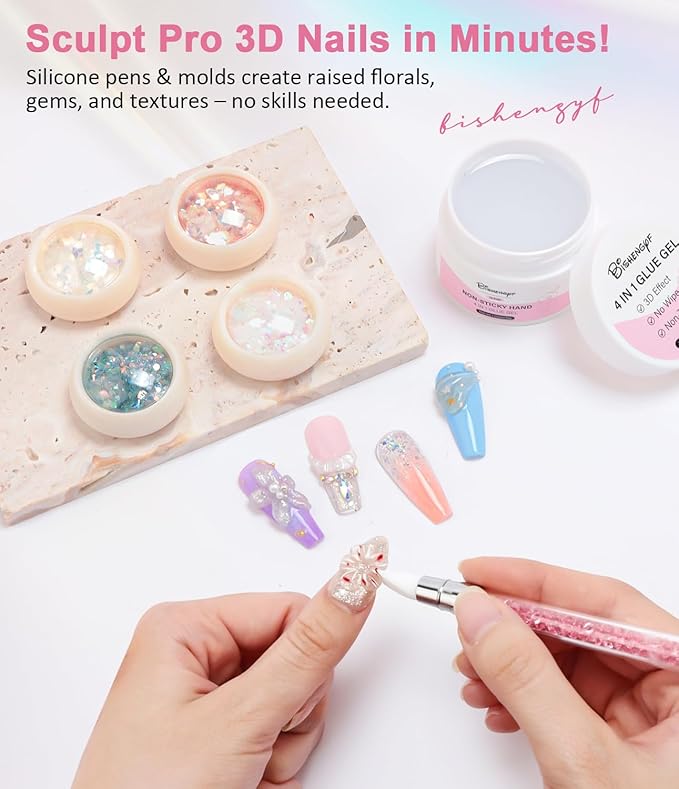 Solid Builder Nail Gel BISHENGYF: 1.05 OZ Non-Sticky Hand Sculpting Clear 3D Gel Nail Art Building with Nail Glitter for Nail DIY Decoration