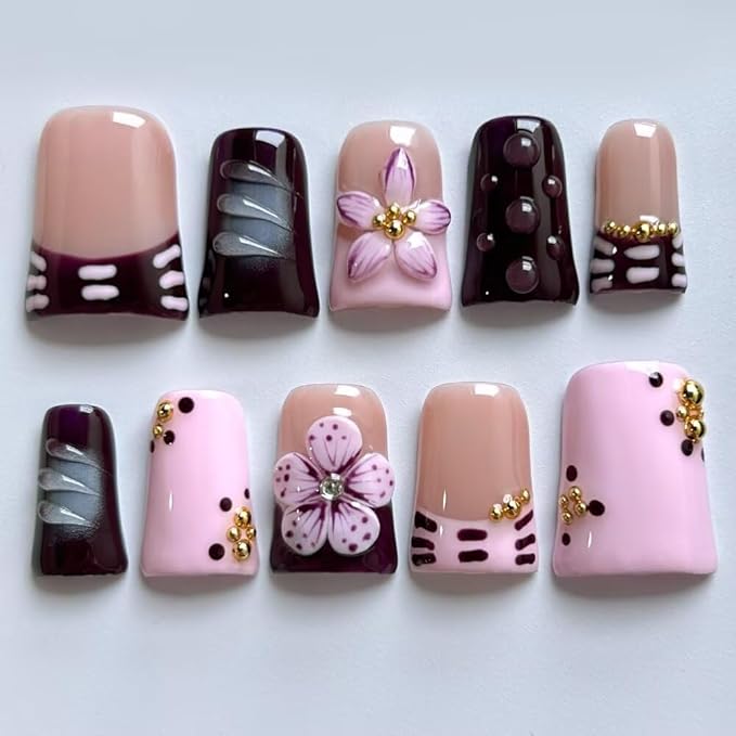 Press On Nails, 10 Pcs Handmade French Purple Duckbill Fake Nails, Reusable Artificial Duckbill False Nails for Women 3D Acrylic Nails Kit (Size L)