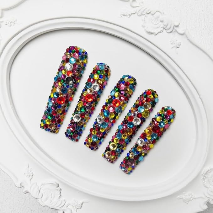 2025 Long Nail Designs Reusable PMMA Acrylic Baroque Glass Style Press-on Nails With Box Gifts for Women (Mosaic Mirage 45, Long)