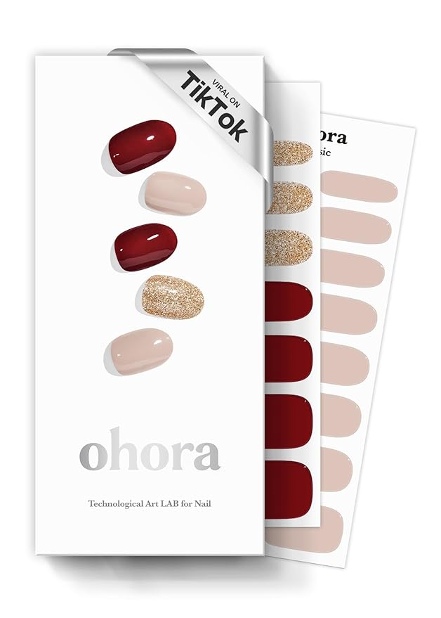 ohora Semi Cured Gel Nail Strips (N Rosewood) - Red, Solid, Works with Any UV/LED Lamps, Salon-Quality, Long Lasting, Easy to Apply & Remove - Includes 2 Prep Pads, Nail File & Wooden Stick