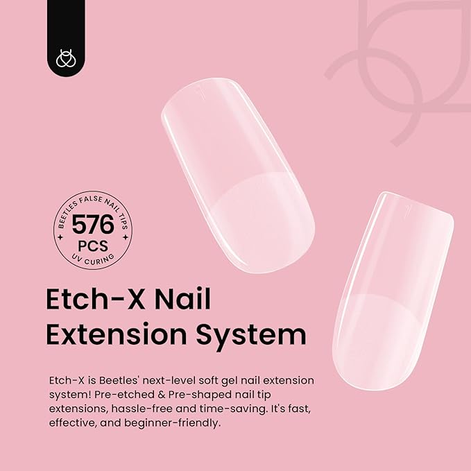 Beetles Gel Nail Tips Etch-X, Square Short, 576Pcs 12 Sizes, Pre-Shaped Half Matte Full Cover Soft Acrylic False Nail Tips Easy DIY Press On Nail Extension Manicure Salon Gift for Women