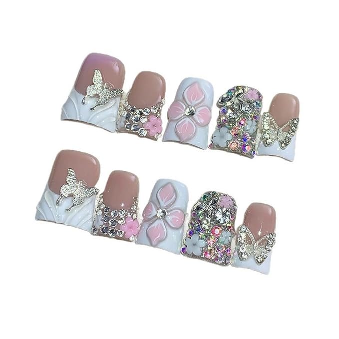 Duck Shaped Press on Nails 3D Flower Colorful Rhinestone and Butterfly Embossed Design Thick Acrylic and Muti-Layer Gel Handmade Press on Nails White French Tip Thick Acrylic Nails for Women (Size S)