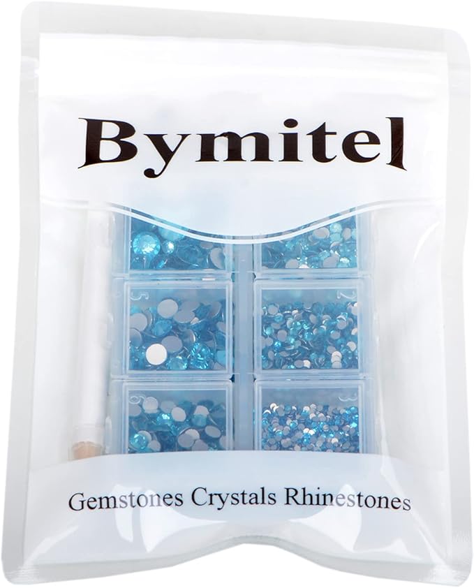 Bymitel 5000 Pieces 6 Mixed Sizes Glue Fix on Glass Rhinestones Round Crystal Gems Flatback for DIY Jewelry Making with one Picking Pen(6-Sizes 5000PCS, Aquamarine)