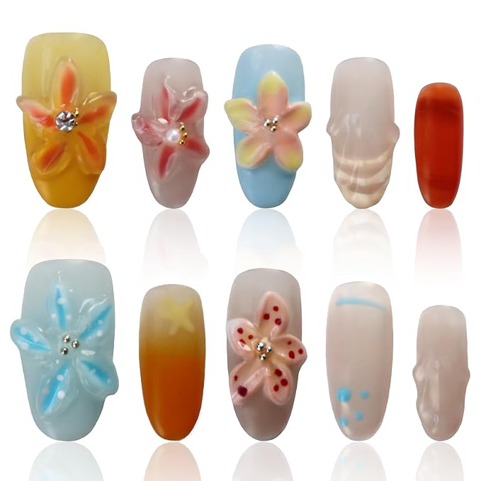 Handmade Press On Nails Almond Tropical Nails Reusable Press On Nails Beachy Nails Women Gifts COOLYOUNG 15 PCS, Size M